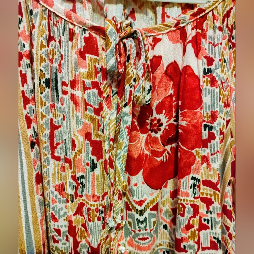 Tribal: Small Flowy Printed Crepe Blouse – Scarlet Multi - Picture 6 of 13